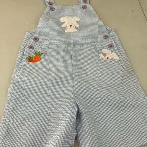 Blue Gingham Kids Overalls with Bunny Design